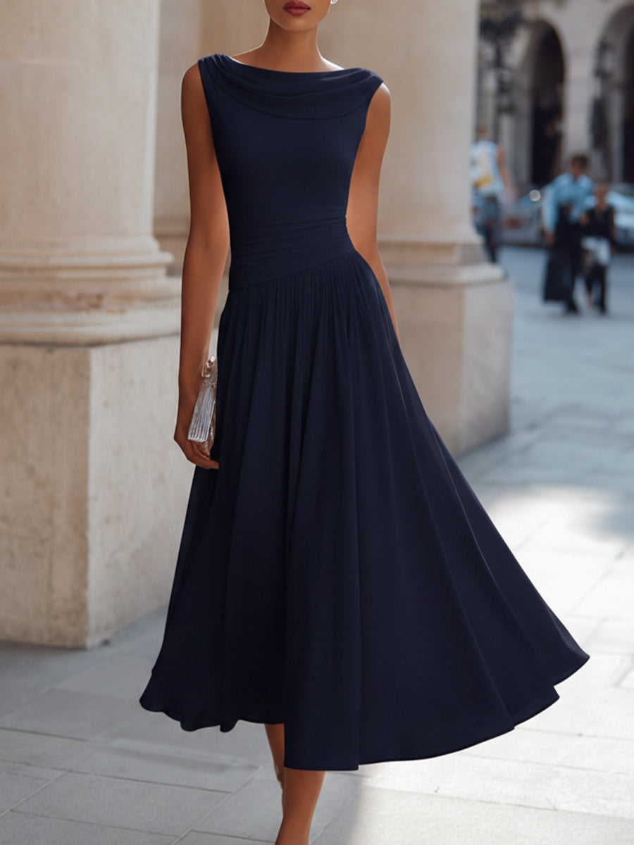Sleeveless women's midi dress with delicate pleats, ideal for weddings & events.