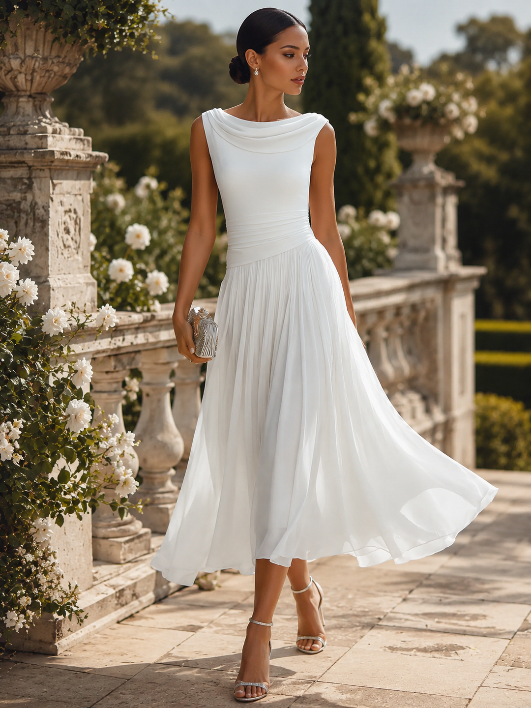 Women's draped neckline midi dress, sleeveless & pleated, for formal events.
