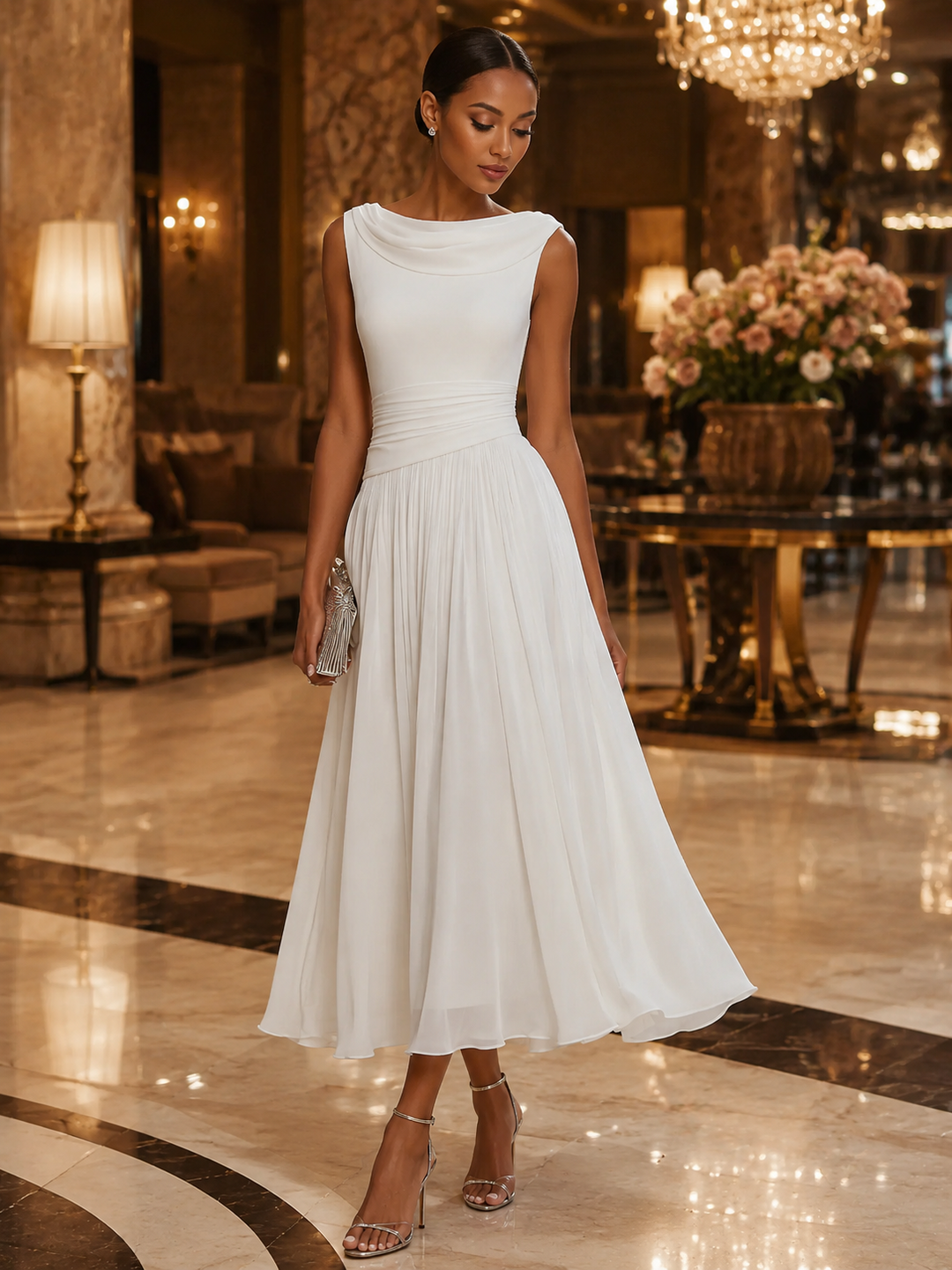 Women's party midi dress, sleeveless & pleated, designed for weddings & formal gatherings.