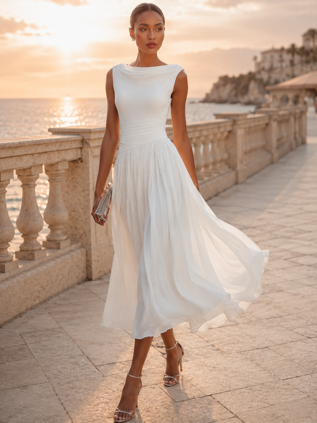 Pleated midi dress for women with an elegant sleeveless design, ideal as a wedding guest dress.