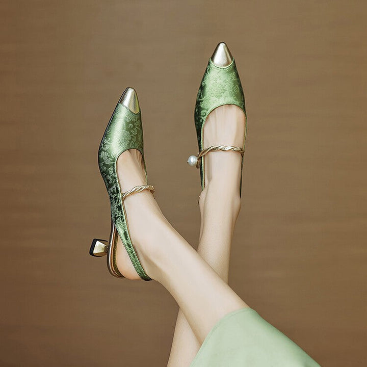 Chic women's pearl strap slingback heels, pointed cap toe, ideal for eveningwear & special occasions.
