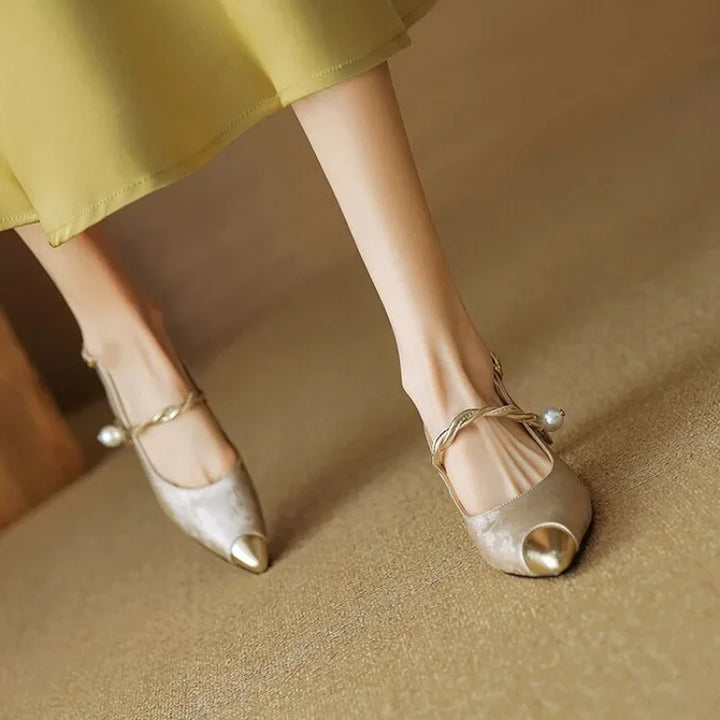 Women's fashion slingback heels, elegant pearl strap, pointed cap toe. Perfect for evening events.