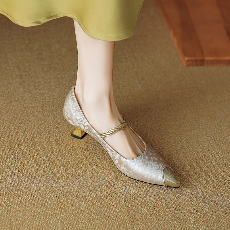 Women's formal pointed cap toe heels with a decorative pearl slingback strap. Elegant & chic.