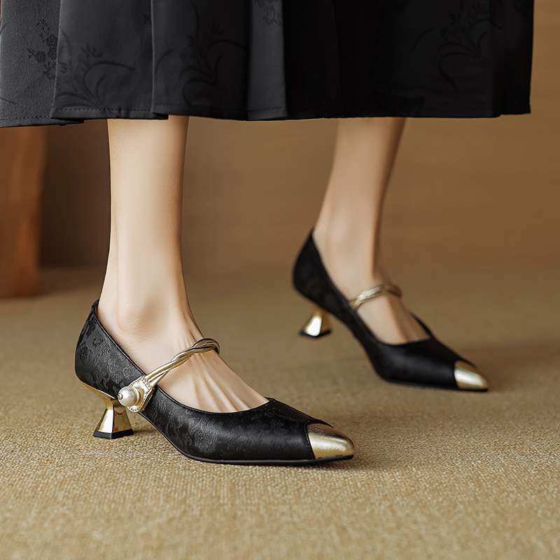 Women's special occasion slingback heels, pearl strap, pointed cap toe design. Fashion footwear.