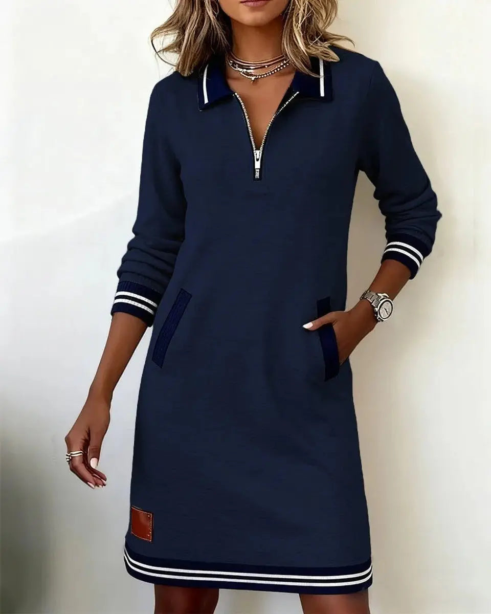Women's smart casual fall midi dress, long sleeve, zip collar, with sophisticated striped trim.