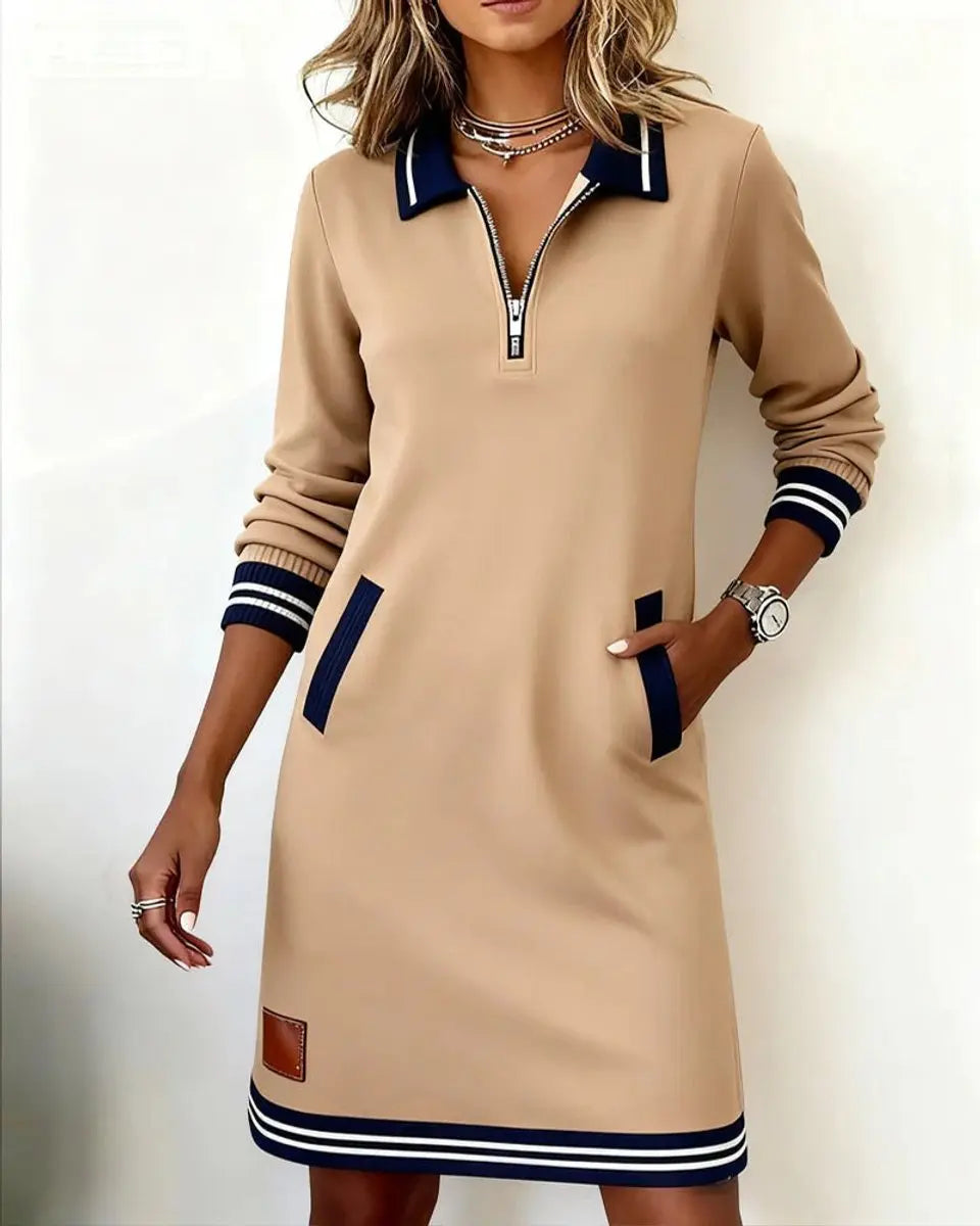 Elegant women's long-sleeve midi dress with a functional zip collar & discreet side pockets.