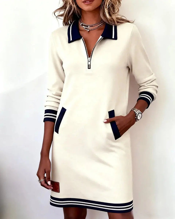Everyday women's midi dress: long sleeve, zip collar, stylish striped details, perfect for fall fashion.