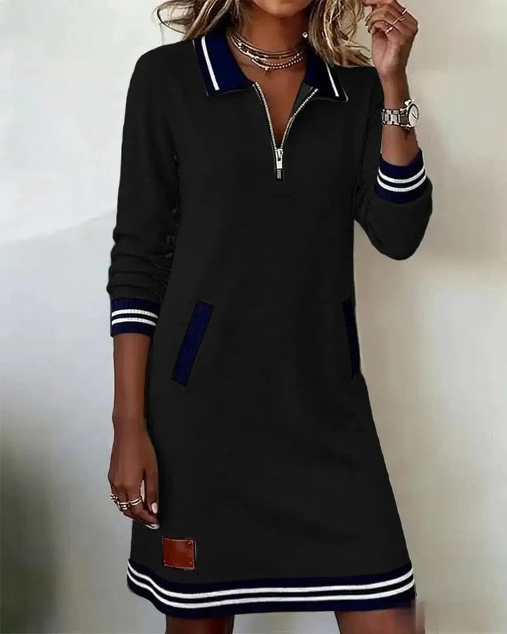 Stylish women's smart casual midi dress, long sleeve, with a unique zip collar & striped detailing.