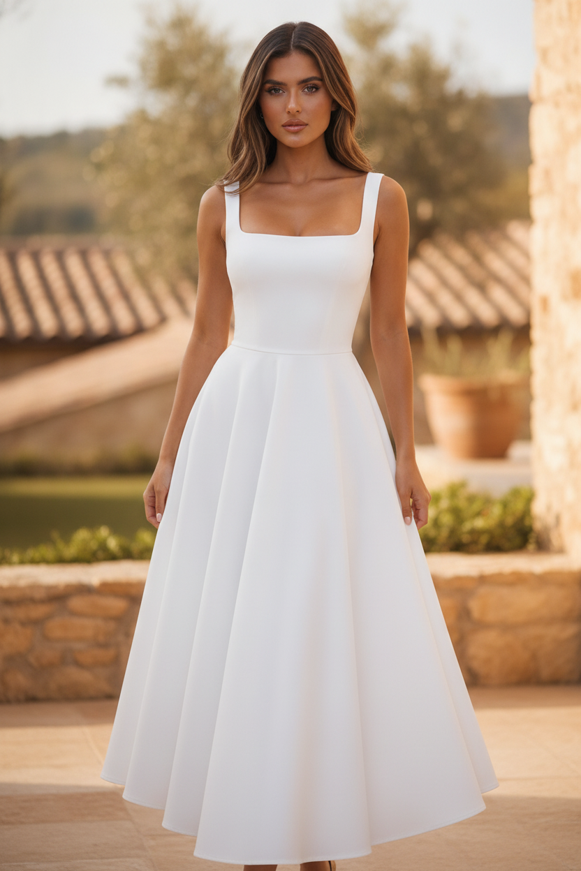 Women's elegant square neck midi office dress, perfect professional attire for work and business.