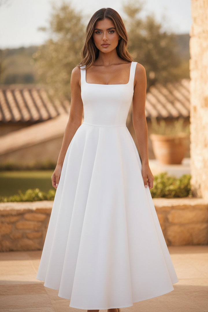 Women's elegant square neck midi office dress, perfect professional attire for work and business.