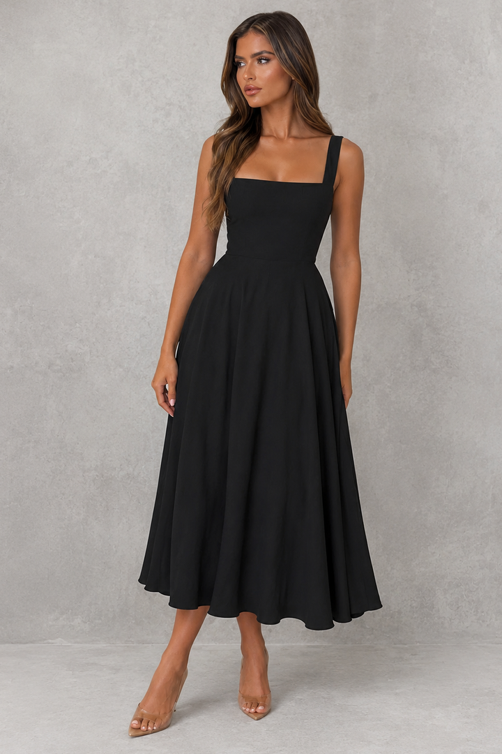 Sophisticated women's day-to-night midi dress with a square neck, ideal for business and formal occasions.