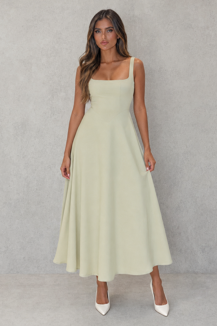 Stylish professional square neck midi dress for women, offering an elegant look for the office.