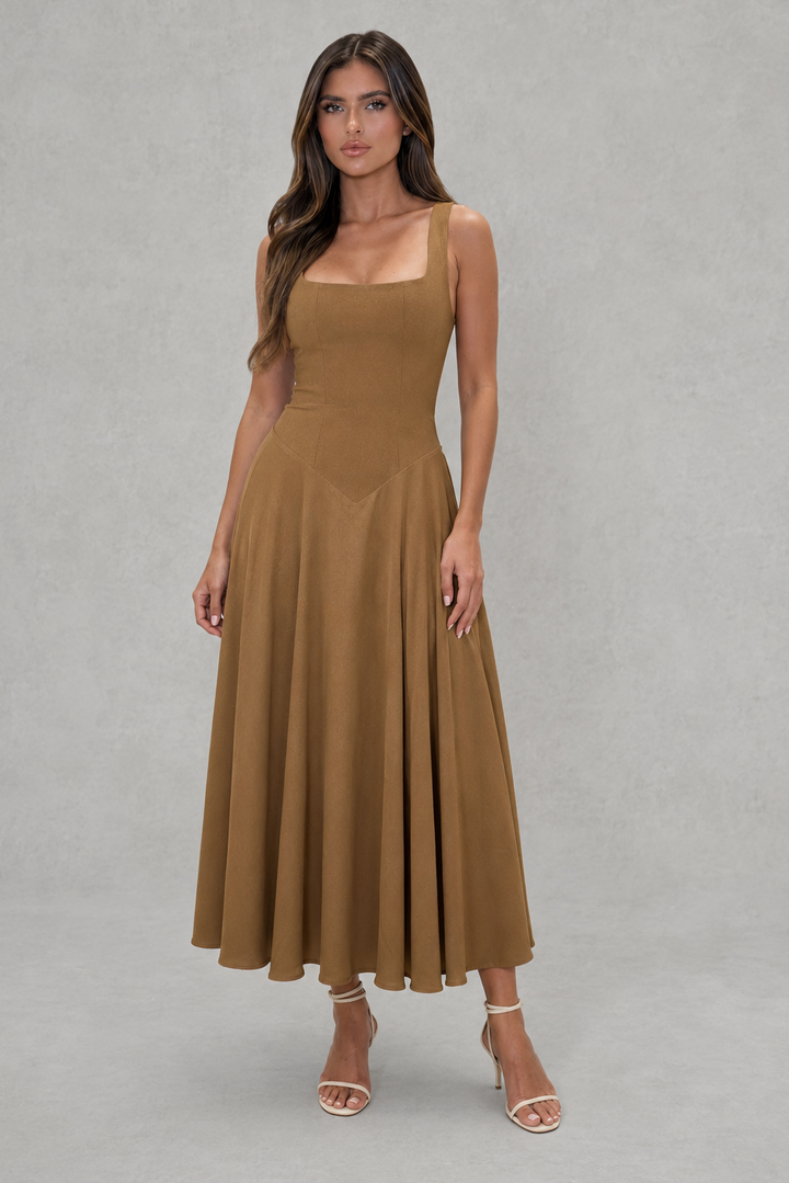Women's elegant A-line midi office dress with a chic square neckline, perfect for work attire.