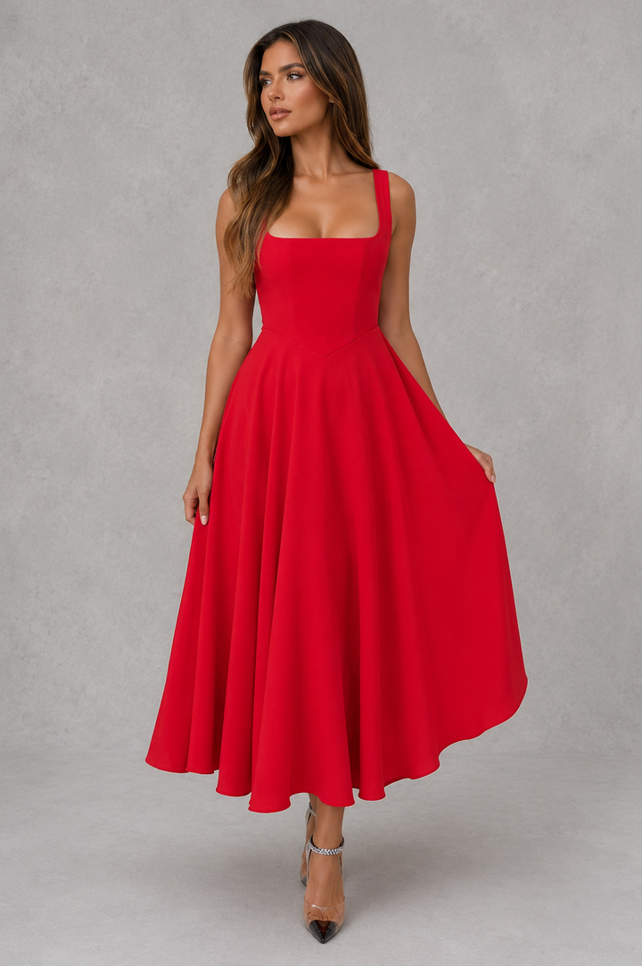 Flattering women's square neck midi dress, a versatile piece of professional attire for business casual.