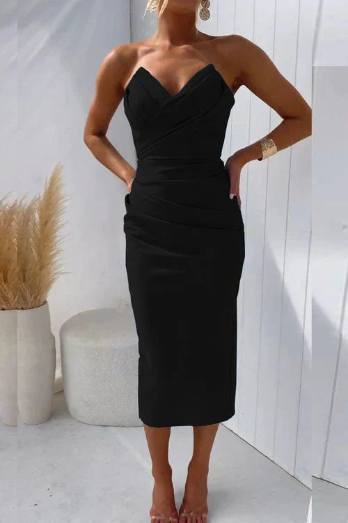 Comfortable yet elegant women's strapless bodycon midi dress. Ideal cocktail and formal party attire.