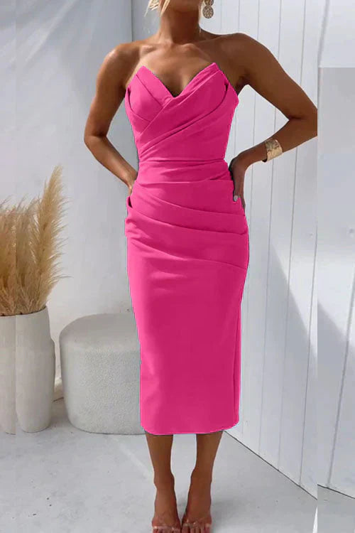 Timeless strapless bodycon midi dress for women, a classic elegant choice for any cocktail event.