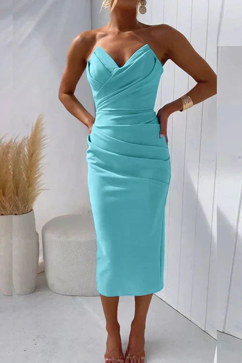Chic women's strapless bodycon midi cocktail dress. Modern elegance for party and evening wear.