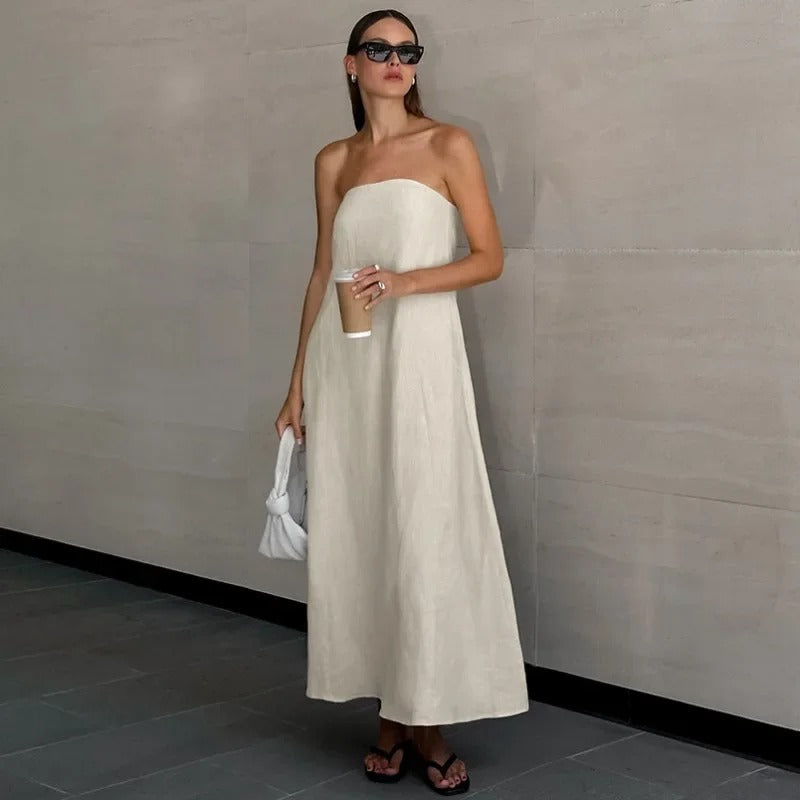 Beautiful women's strapless maxi dress, designed for effortless summer elegance and comfortable holiday wear.