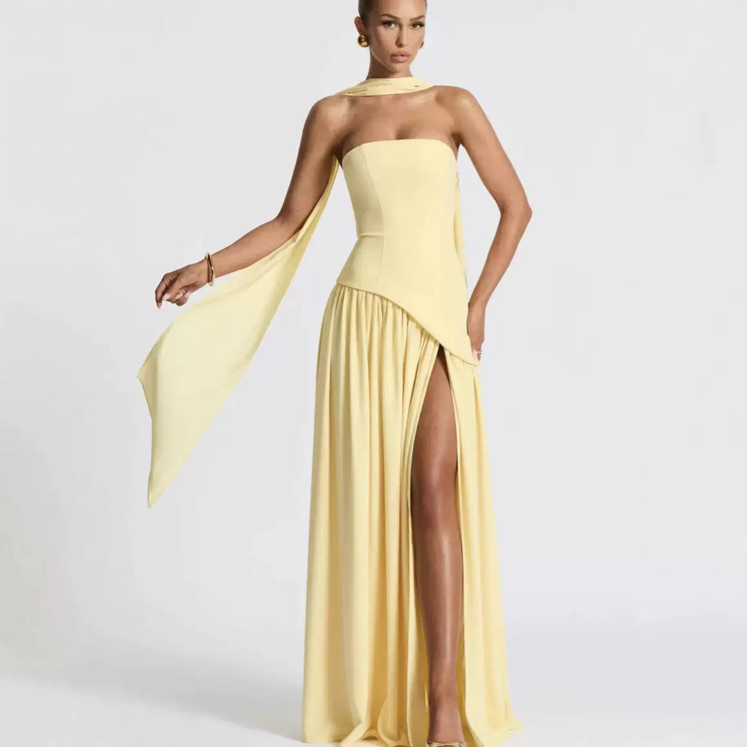 Women's elegant strapless maxi dress with a chic leg split, perfect for formal occasions & evening wear.