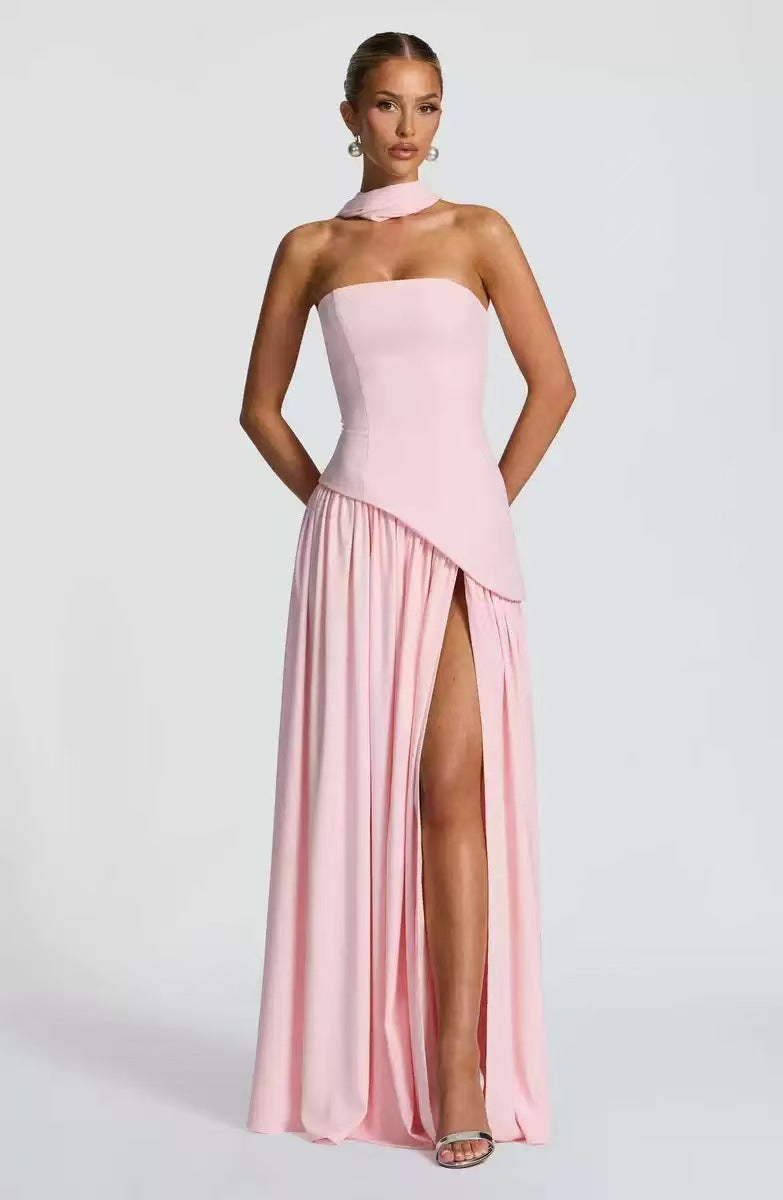 Formal strapless maxi dress with an elegant high leg split, a fashionable choice for women's occasion wear.