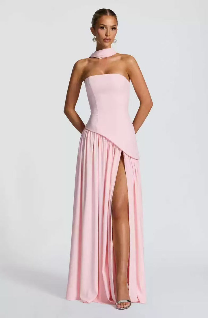 Formal strapless maxi dress with an elegant high leg split, a fashionable choice for women's occasion wear.
