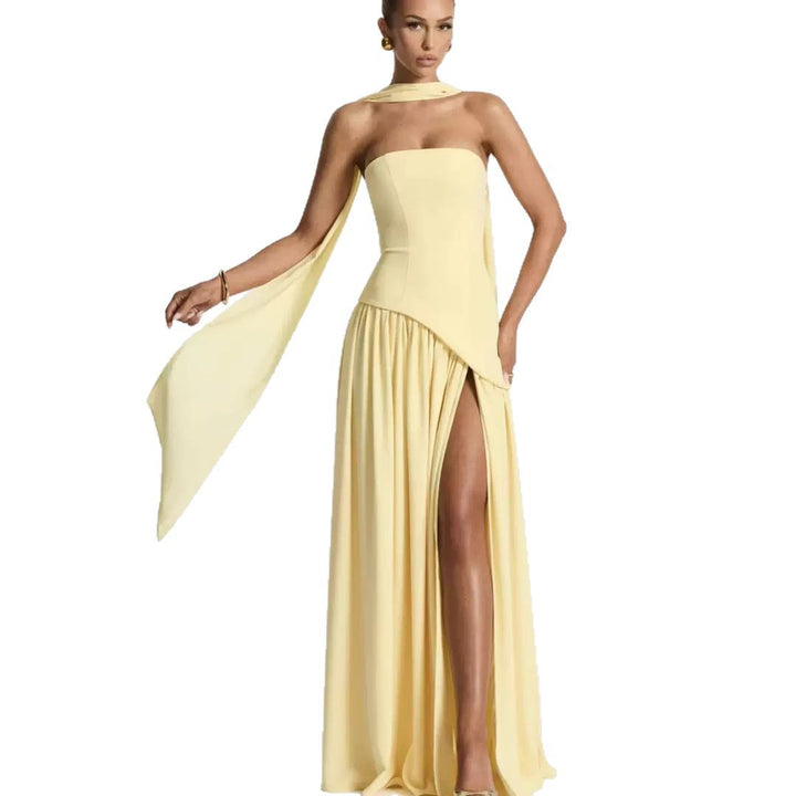 Sophisticated women's strapless formal dress, featuring a high leg split for an elegant silhouette.