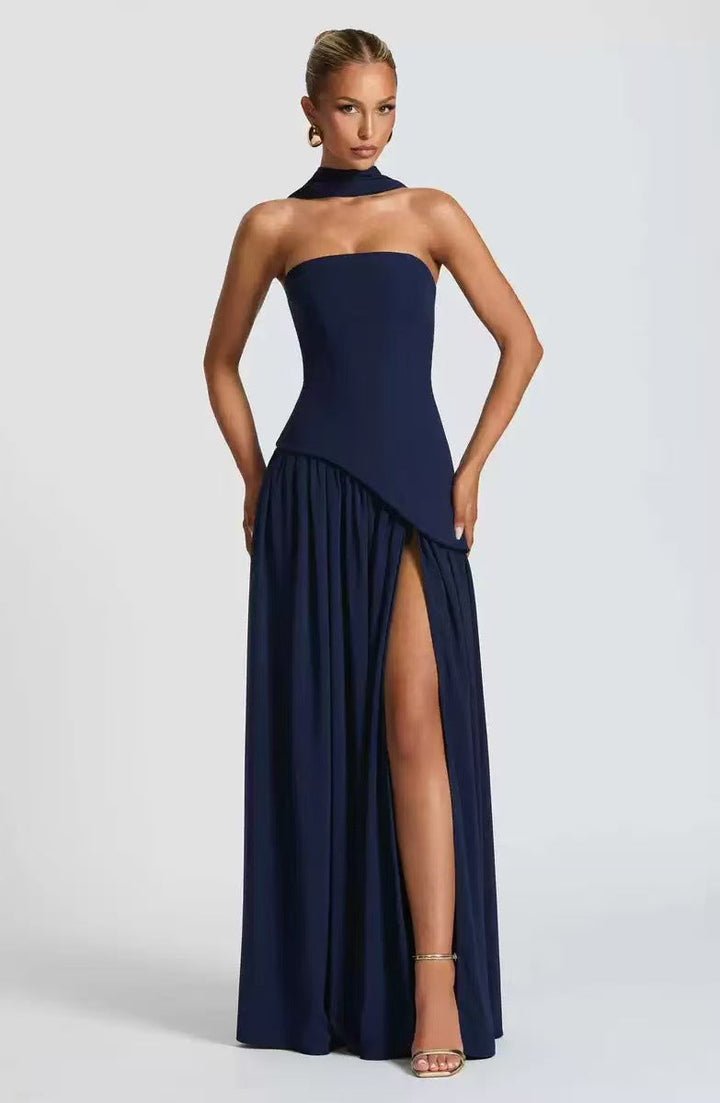Long women's strapless dress with an elegant leg split, a stunning choice for formal events and evening parties.