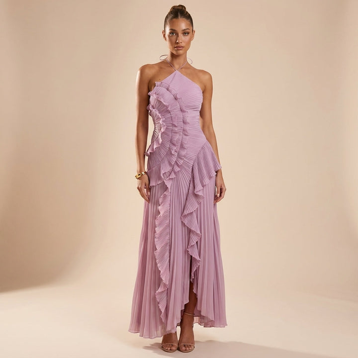 Women's elegant strapless ruffle maxi dress with layered design, perfect for special occasions.