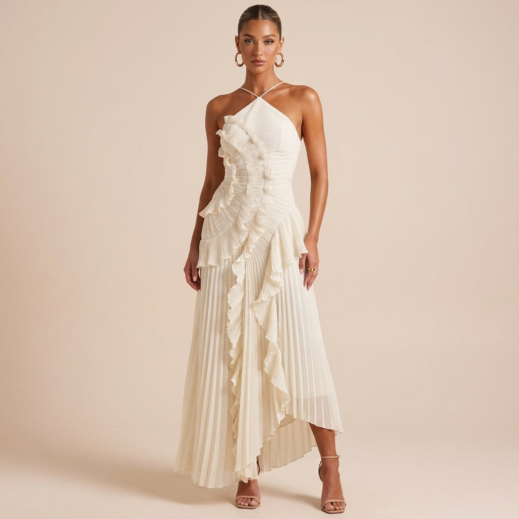 Flowy layered strapless maxi dress for women, ideal as a wedding guest or summer evening attire.