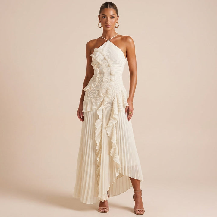 Flowy layered strapless maxi dress for women, ideal as a wedding guest or summer evening attire.