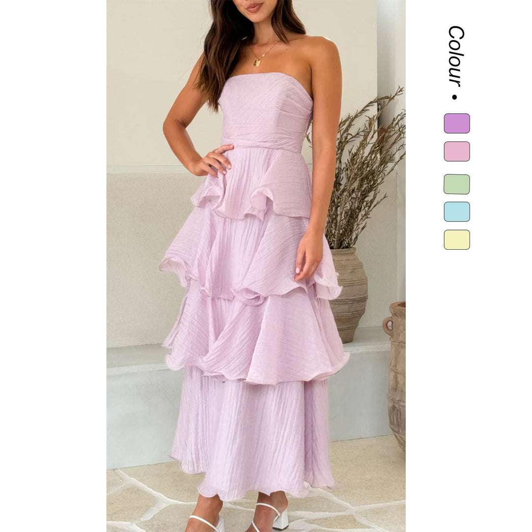 Women's elegant strapless tiered ruffle maxi dress, perfect for wedding guests.