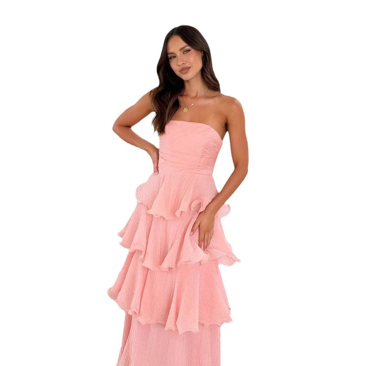 Stylish women's strapless tiered ruffle party dress, a chic summer wedding guest option.