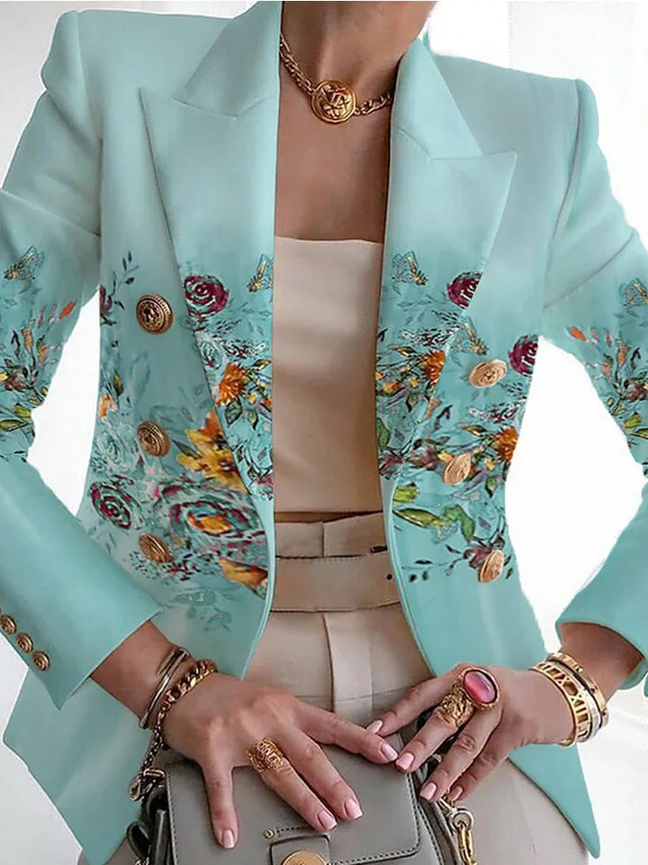 Woman layering the elegant blazer over a blouse, showcasing versatile fashion.