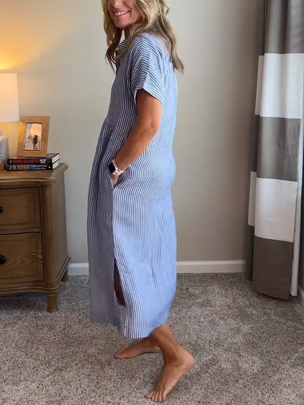 Classic black & white striped button-down maxi shirt dress for women.