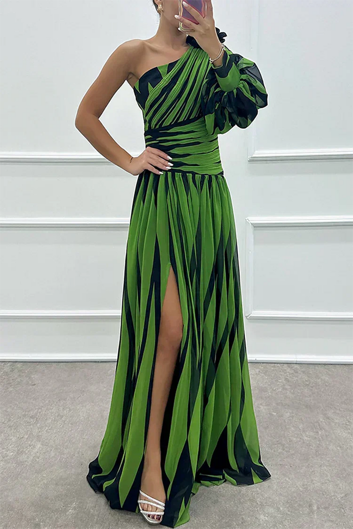 Sophisticated women's one-shoulder maxi dress with elegant stripes and a modern slit, perfect for formal events.