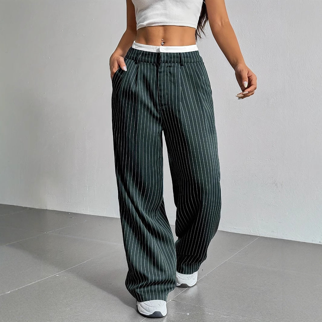 Women's high-waisted striped wide leg trousers, a comfortable & elegant choice for versatile office/casual looks.