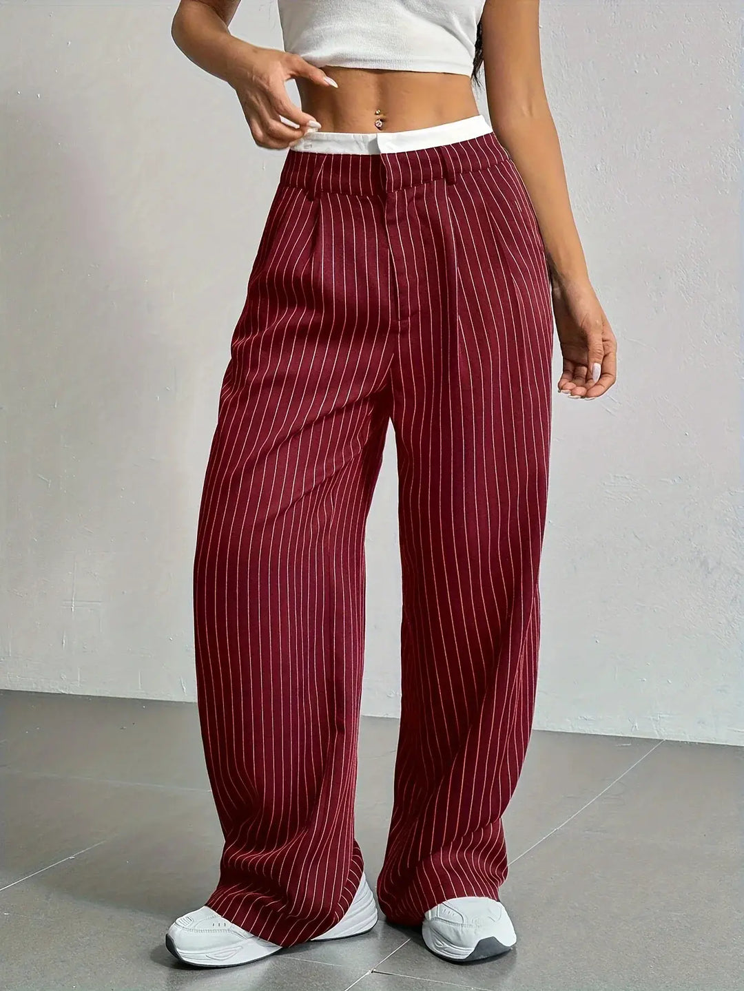 Comfortable women's wide leg striped pants, high-waisted, perfect for versatile office or casual styling.