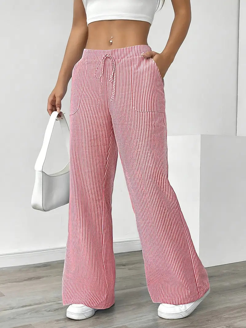 Comfortable yellow striped wide-leg pants, women's fashion with an adjustable waist.