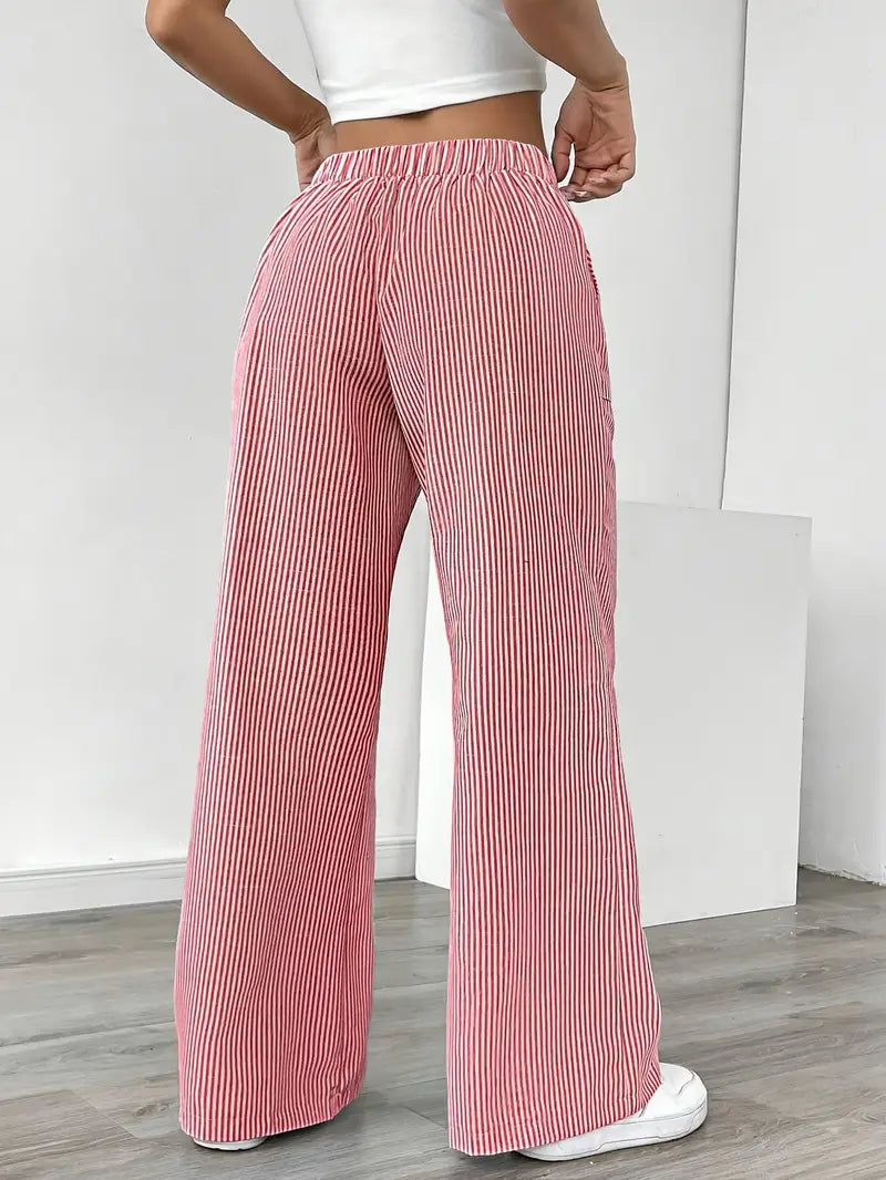 Blue striped wide-leg women's pants, a casual wear option for spring and summer.