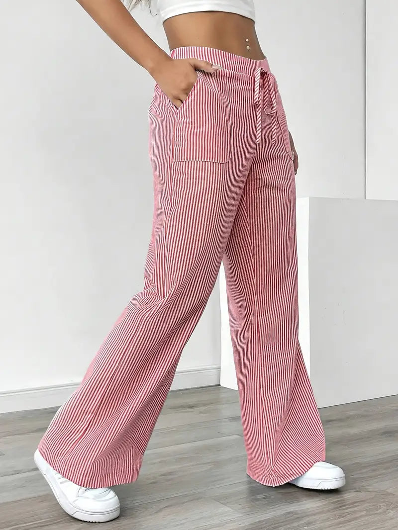 Grey striped wide-leg pants, women's elegant comfortable pants with pockets.