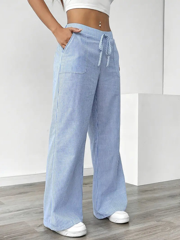 Blue striped wide-leg pants, women's comfortable casual pants for a spring outfit.