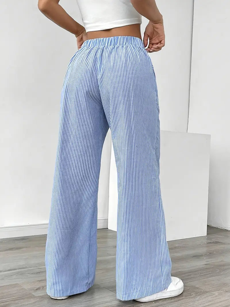 Comfortable yellow striped wide-leg pants, women's spring and summer fashion.