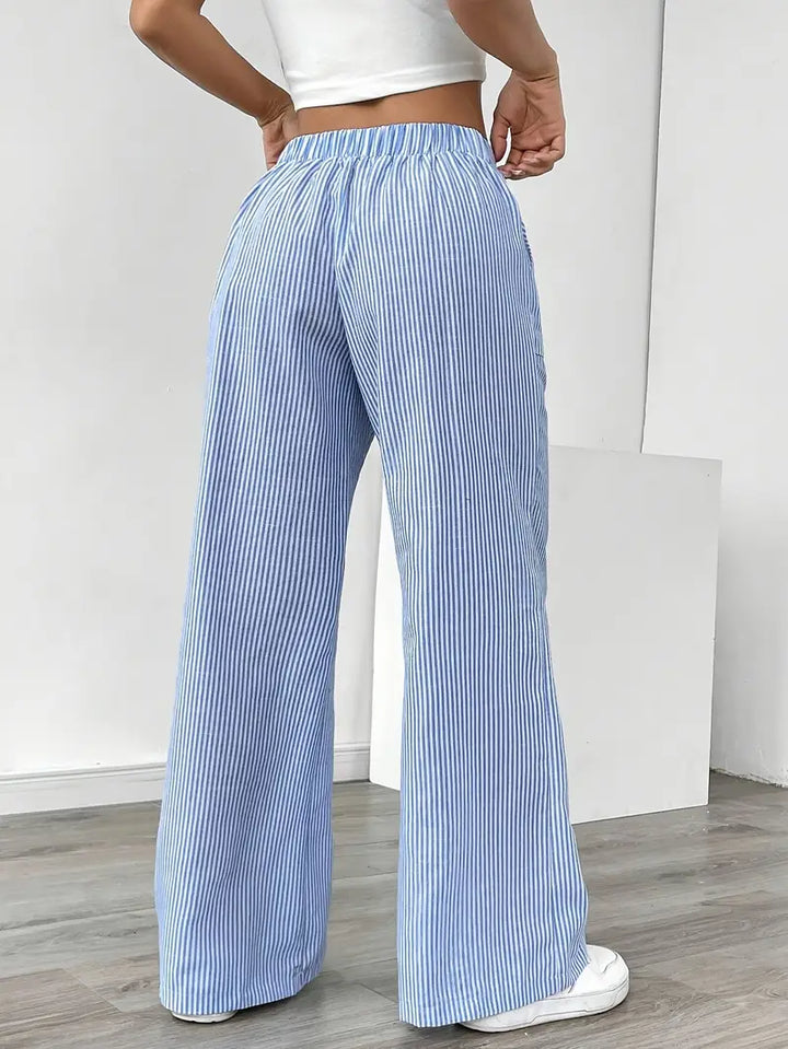 Comfortable yellow striped wide-leg pants, women's spring and summer fashion.