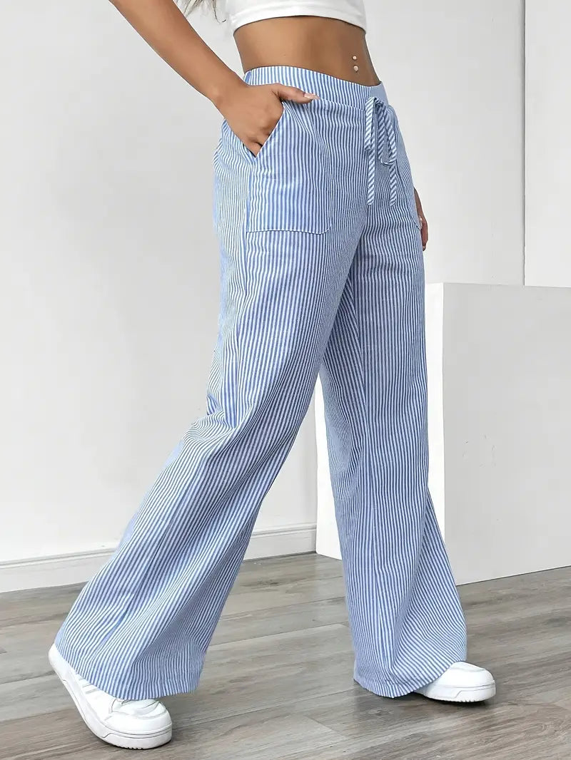 Stylish pink striped wide-leg pants, women's casual elegant wear with pockets.