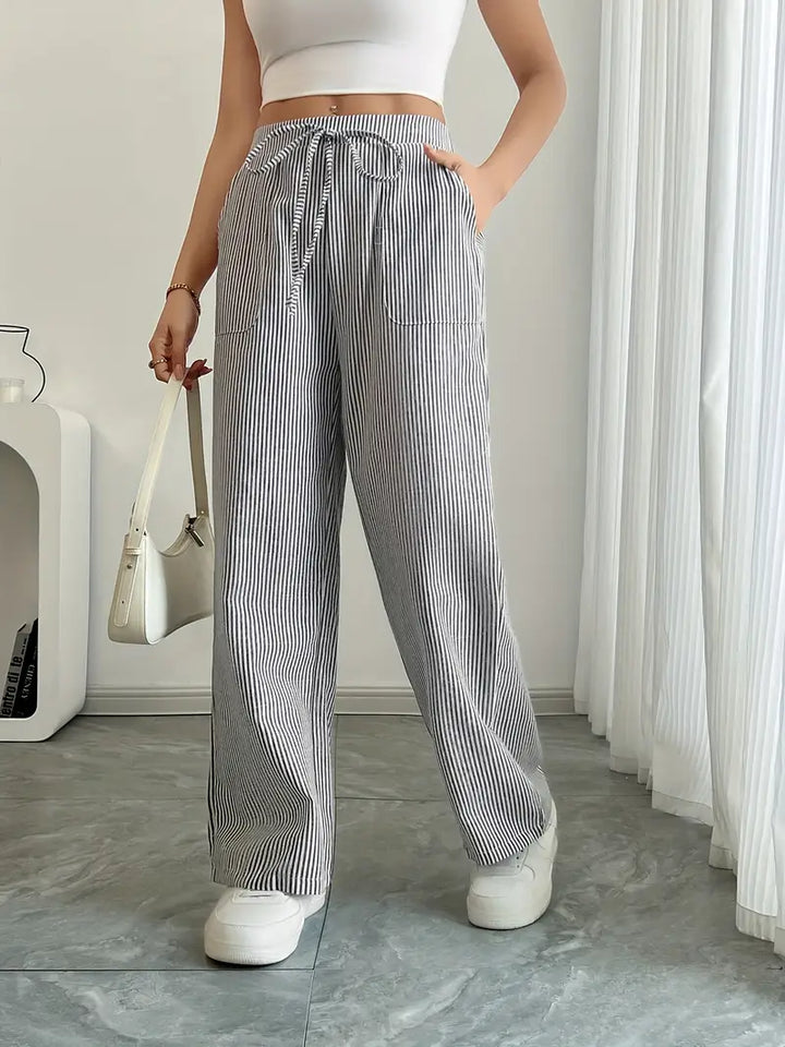 Blue striped wide-leg pants for women, perfect for comfortable summer style.