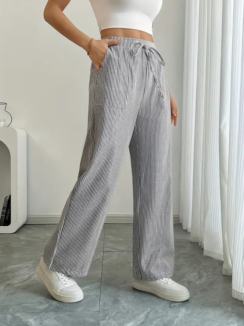 Grey striped wide-leg pants, women's elegant everyday wear with an adjustable waist.