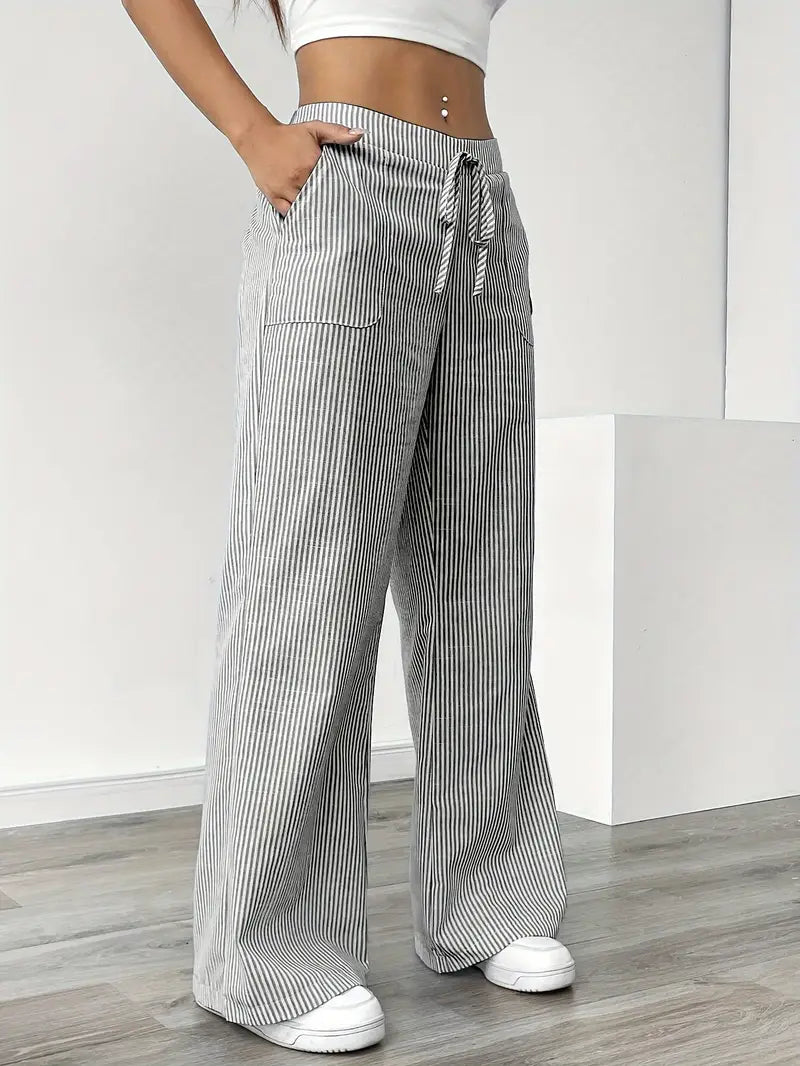 Yellow striped wide-leg pants, women's comfortable casual pants with pockets.