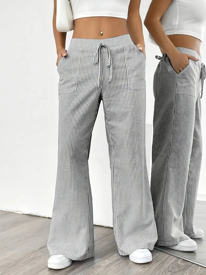 Blue striped wide-leg pants, women's elegant and comfortable casual wear.