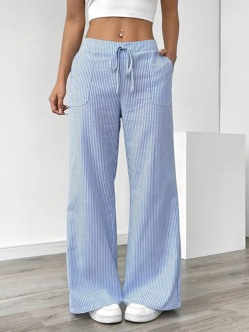Stylish pink striped wide-leg pants for women, featuring an adjustable waist.