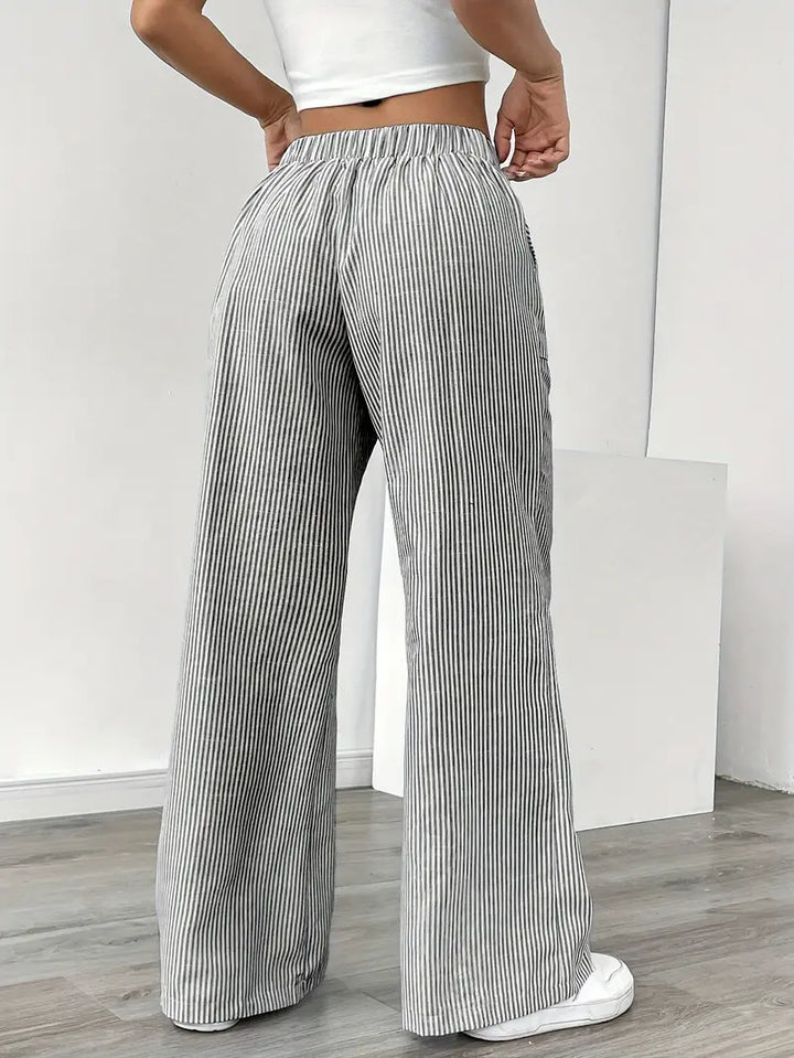 Grey striped wide-leg pants for women, versatile for spring and summer casual.